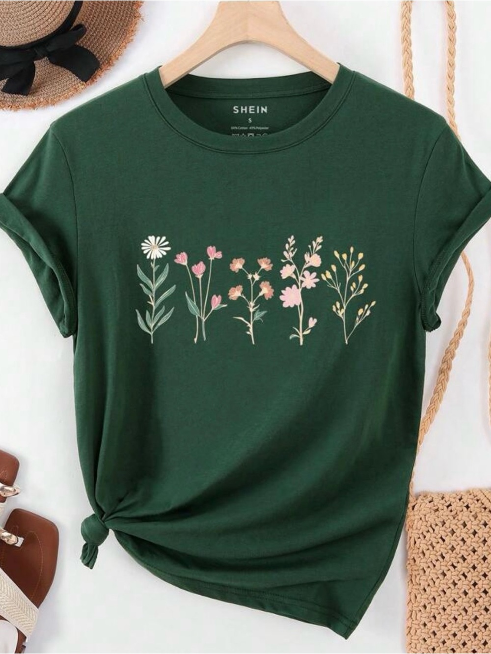 SHEIN Forest Green Floral Row Short Sleeve Tee